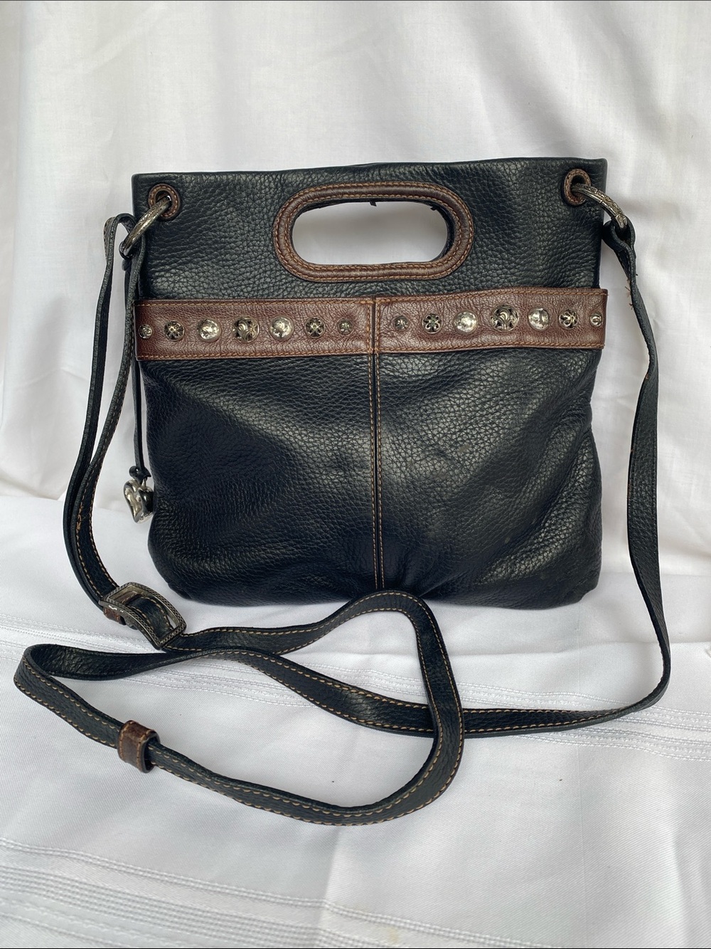 Vintage Brighton Black Brown Leather Crossbody Tote with Brown Trim
